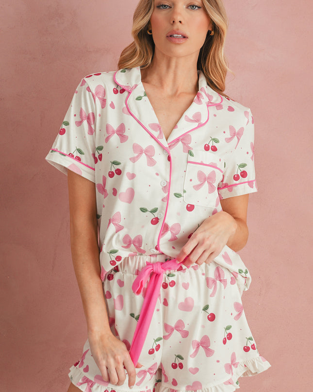 Pink Polka Dot and Bow Print Ruffle Hem Shorts Pajama Set