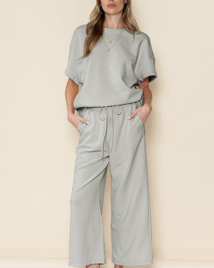Black Textured Loose Fit T Shirt and Drawstring Pants Set