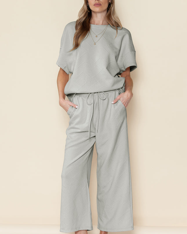 Black Textured Loose Fit T Shirt and Drawstring Pants Set