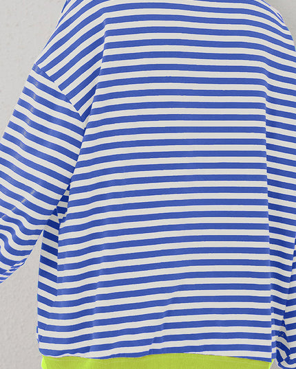 Blue Striped Contrast Trim Drop Shoulder Sweatshirt