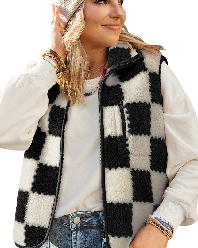 Khaki Checkered Sherpa Collared Jacket Vest