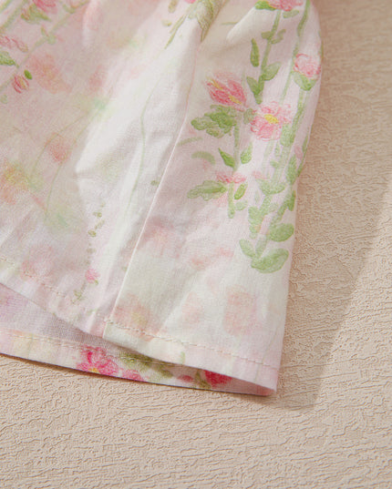 Pink Floral Puff Sleeve Square Neck Knotted Backless Ruffle Mini Dress