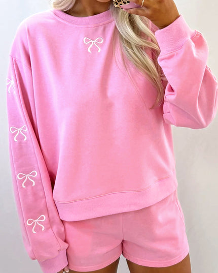 Light Grey Bow Embroidery Long Sleeve Pullover and High Waist Shorts Set