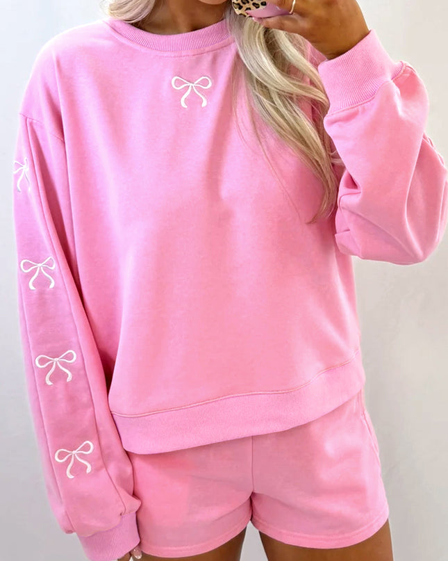 Light Grey Bow Embroidery Long Sleeve Pullover and High Waist Shorts Set