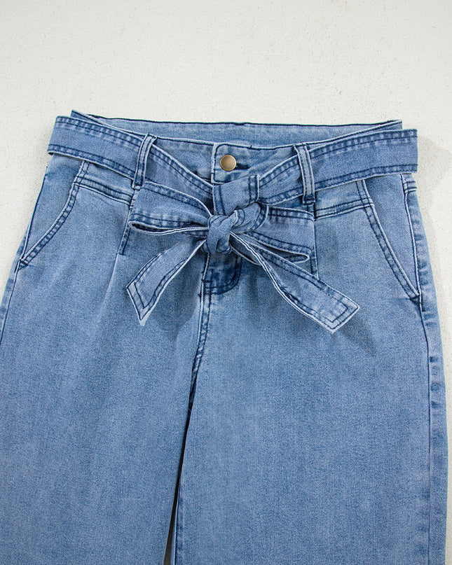 Beau Blue Vintage Washed Knot Belt Wide Leg Jeans