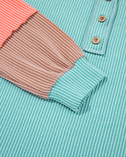 Multicolour Twisted Ribbed Colorblock Patchwork Henley Top