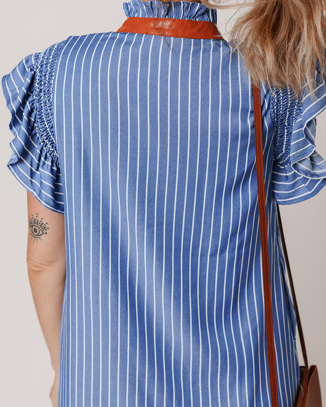 Sky Blue Stripe Frilly Split Neck Shirred Ruffle Sleeve Mini Shift Dress
