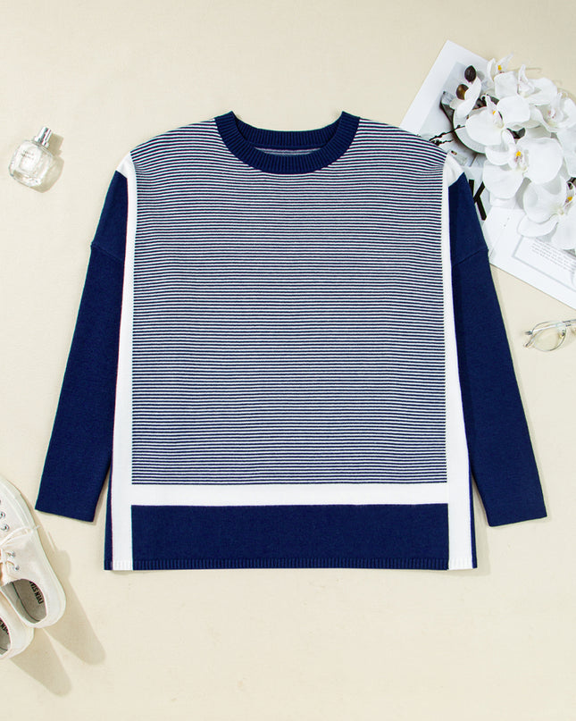 Blue Striped Colorblock Patchwork Dolman Oversize Tunic Sweater