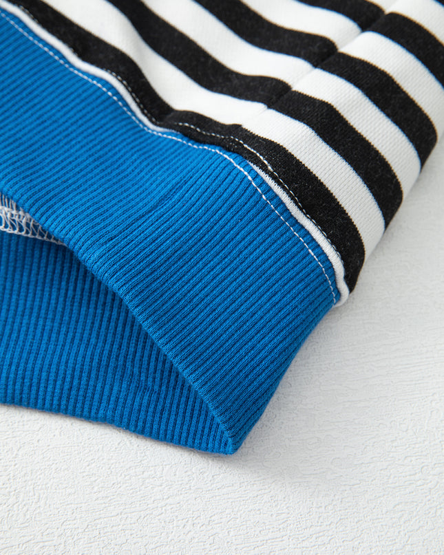 Blue Striped Contrast Trim Drop Shoulder Sweatshirt