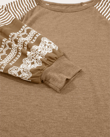 Rose Red Contrast Print Striped Raglan Long Sleeve Loose Top