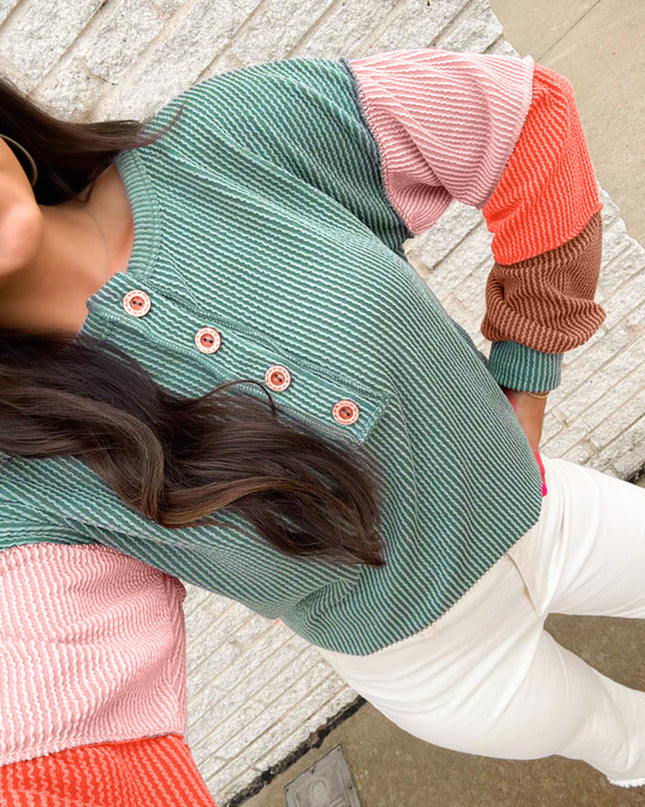 Multicolour Twisted Ribbed Colorblock Patchwork Henley Top