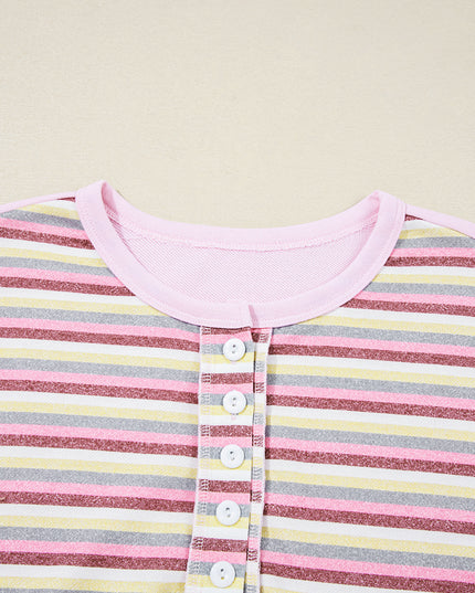 Pink Striped Patchwork Button V Neck Pullover Sweatshirt
