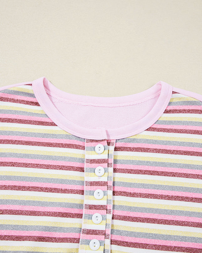 Pink Striped Patchwork Button V Neck Pullover Sweatshirt