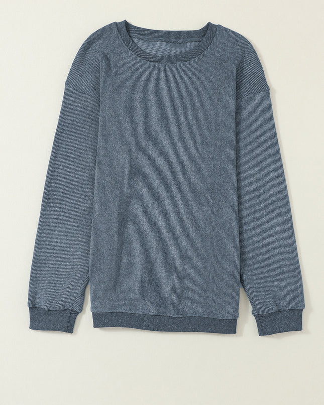Green Ribbed Round Neck Drop Sleeve Pullover Sweatshirt