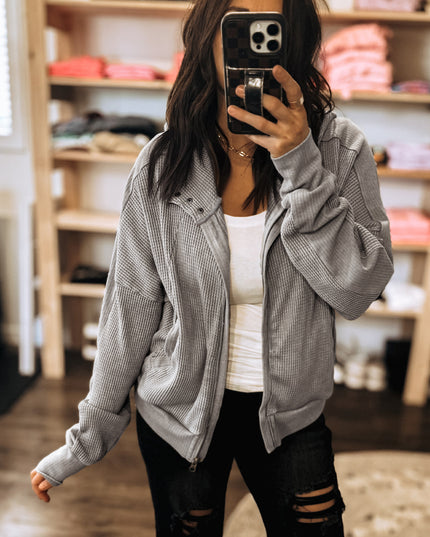 Gray Waffle Splicing Zip Up Front Button Hooded Jacket