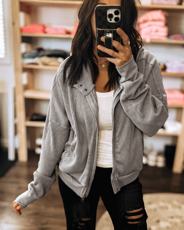 Gray Waffle Splicing Zip Up Front Button Hooded Jacket