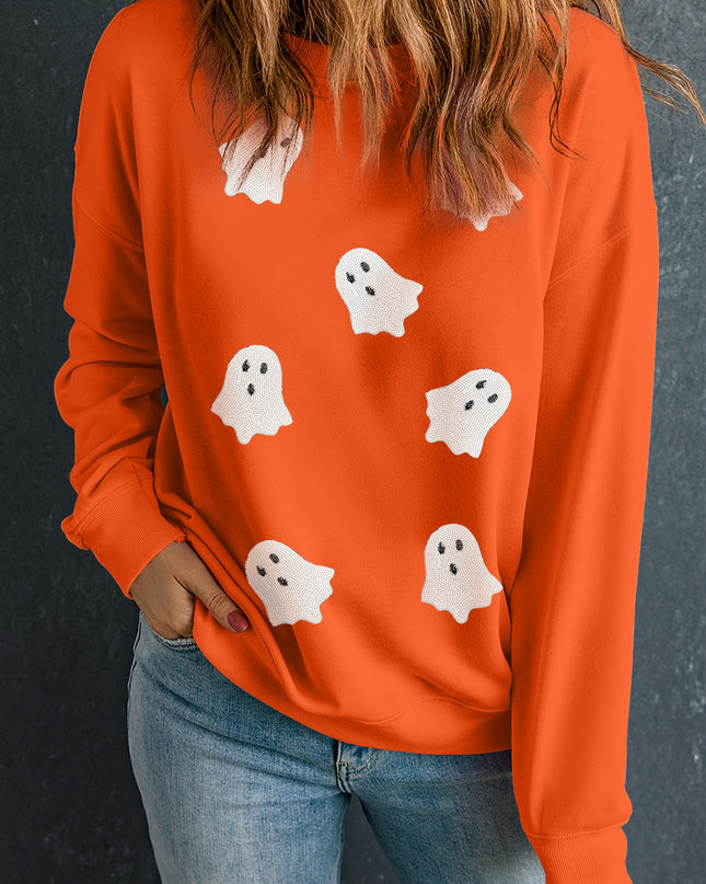 Black Sequin Halloween Ghost Patched Drop Shoulder Sweatshirt