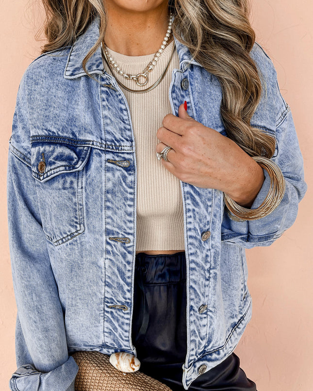 Beau Blue Vintage Washed Flap Pockets Denim Jacket