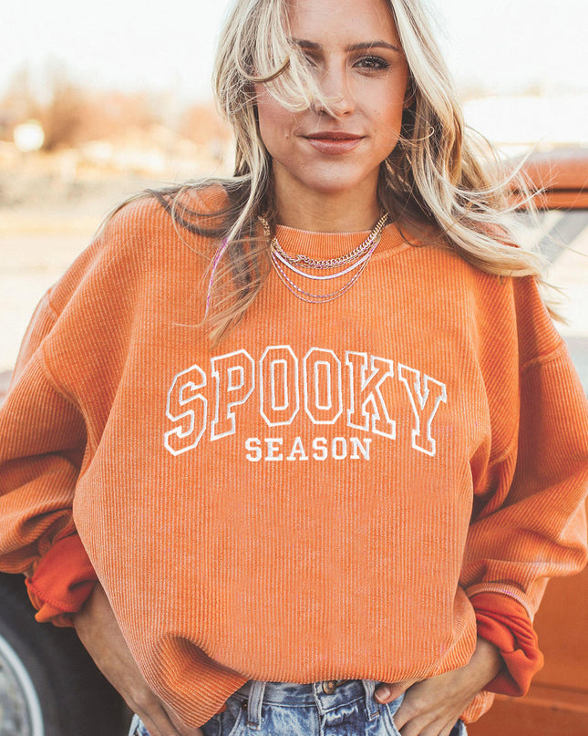 Orange SPOOKY SEASON Embroidered Letter Graphic Twisted Ribbed Sweatshirt