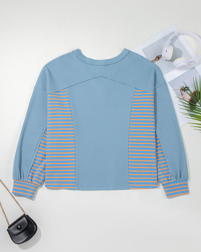 Meadow Mist Green Exposed Seam Waffle Striped Patchwork Baggy Pullover