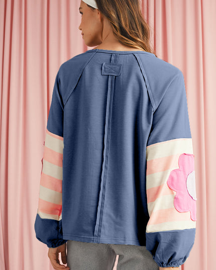 Smoke Green Flower Patchwork Exposed Seam Raglan Sleeve Top