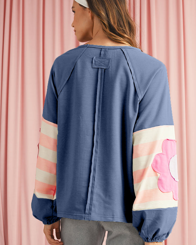 Smoke Green Flower Patchwork Exposed Seam Raglan Sleeve Top