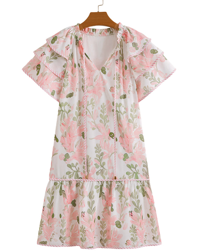 Orange Floral Contrast Edge Ruffle Sleeve Tie Neck Mini Dress