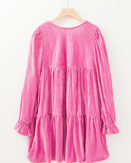 Strawberry Pink Flounce Sleeve Tiered Ruffled Velvet Mini Dress