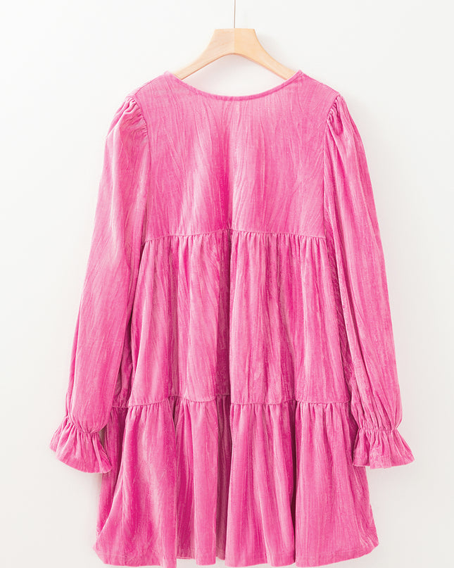 Strawberry Pink Flounce Sleeve Tiered Ruffled Velvet Mini Dress