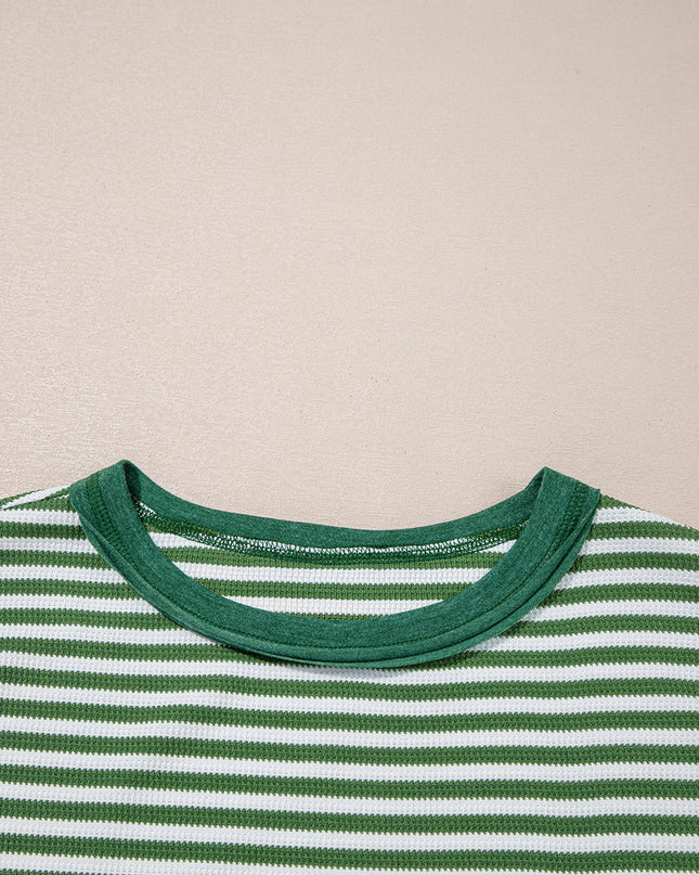 Green Striped Patchwork Knit Drop Shoulder Top