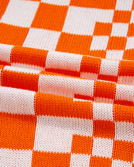 Orange Checkered Open Front Drop Shoulder Cardigan
