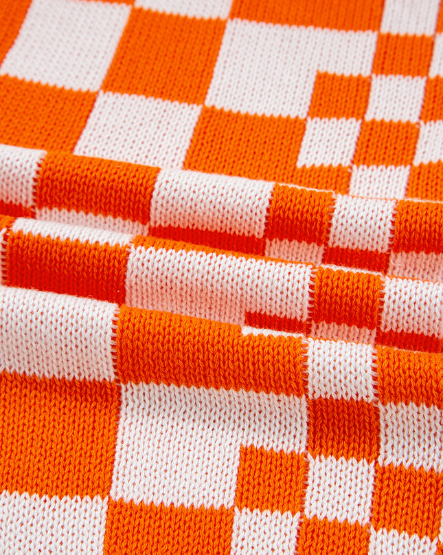 Orange Checkered Open Front Drop Shoulder Cardigan