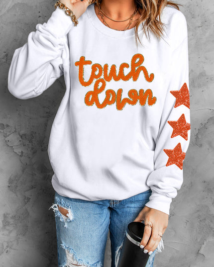 Beige Touchdown Star Sleeve Sweatshirt – Game Day Football Glitter Graphic Pullover