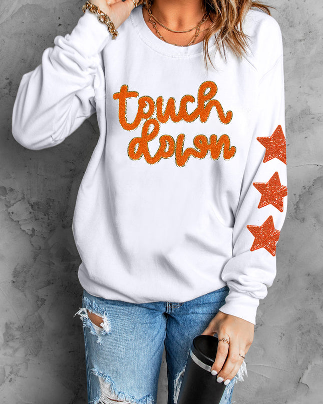 Beige Touchdown Star Sleeve Sweatshirt – Game Day Football Glitter Graphic Pullover