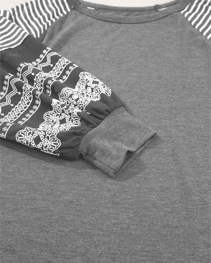 Rose Red Contrast Print Striped Raglan Long Sleeve Loose Top