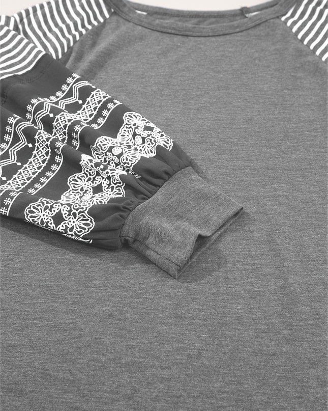 Rose Red Contrast Print Striped Raglan Long Sleeve Loose Top