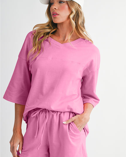 Bonbon Loose V Neck Tee and Drawstring Shorts Set