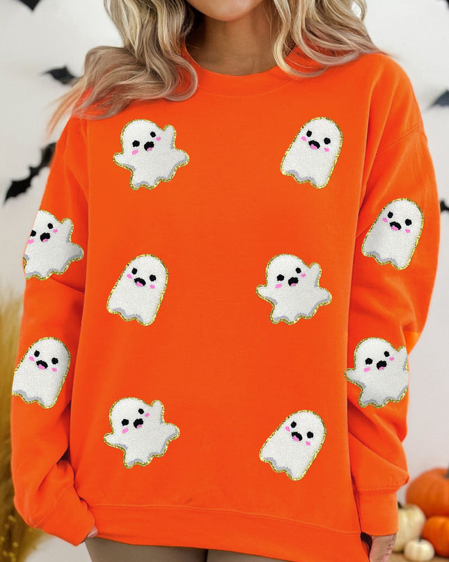 Orange Halloween Ghost Cute Patched Pattern Holiday Sweatshirt