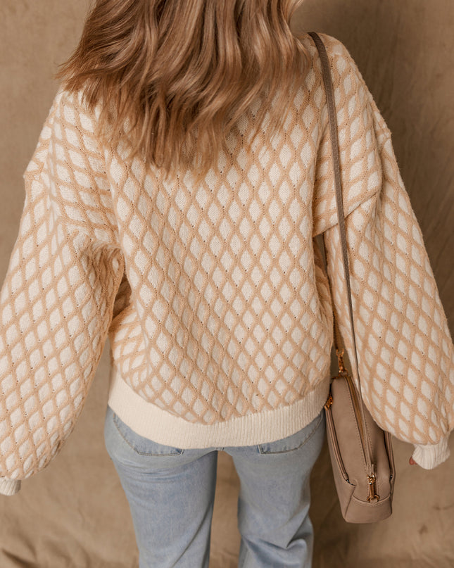 Smoke Gray Checkered Textured Knit Mock Neck Sweater