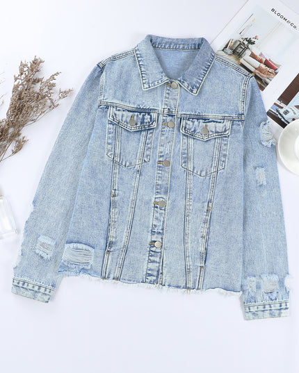 Light Blue Distressed Ripped Raw Hem Buttons Denim Jacket