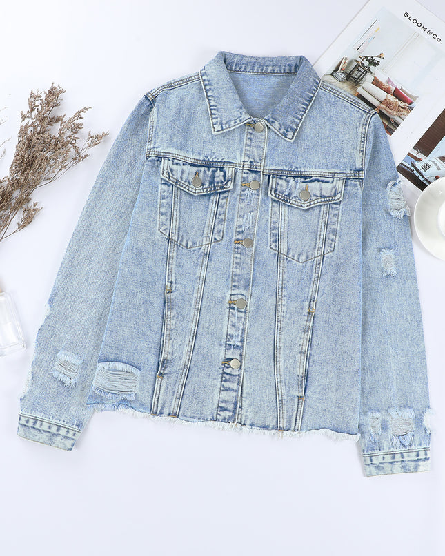 Light Blue Distressed Ripped Raw Hem Buttons Denim Jacket