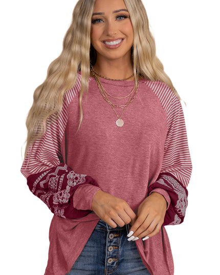 Rose Red Contrast Print Striped Raglan Long Sleeve Loose Top