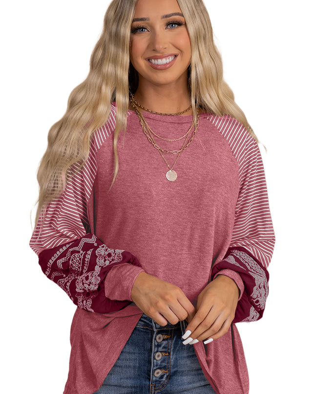 Rose Red Contrast Print Striped Raglan Long Sleeve Loose Top