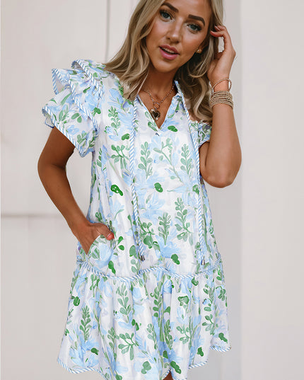 Orange Floral Contrast Edge Ruffle Sleeve Tie Neck Mini Dress
