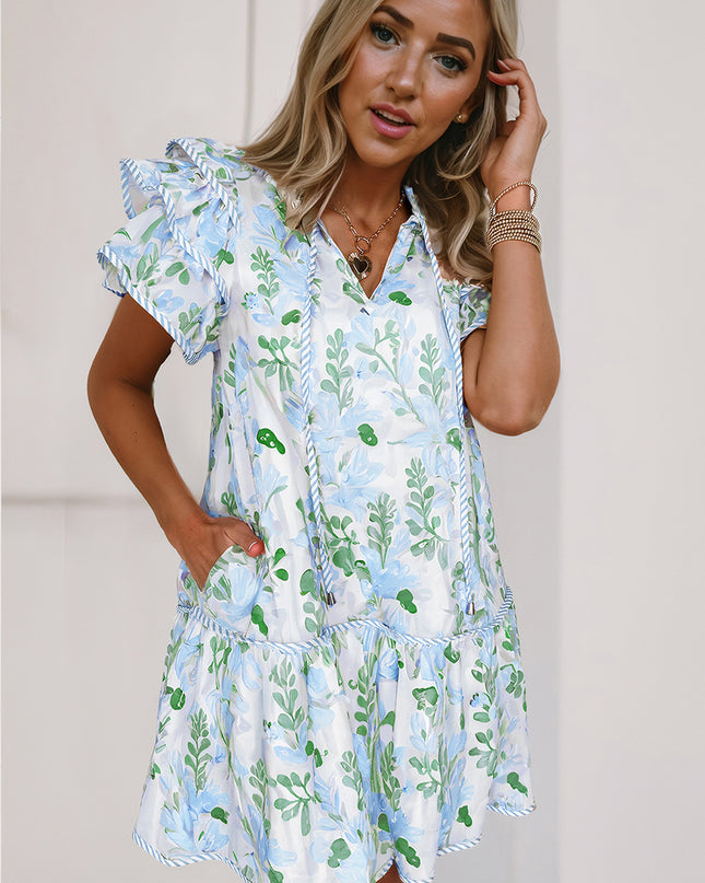 Orange Floral Contrast Edge Ruffle Sleeve Tie Neck Mini Dress