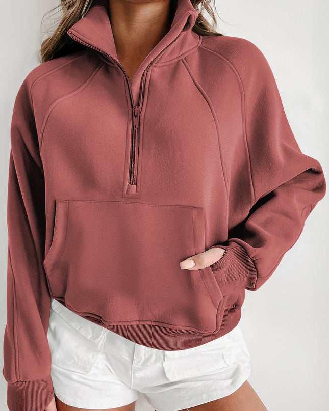 Black Zip Up Stand Collar Ribbed Thumbhole Sleeve Sweatshirt