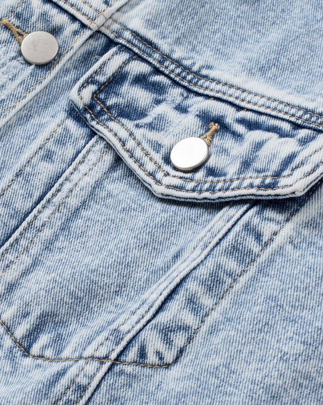 Light Blue Distressed Ripped Raw Hem Buttons Denim Jacket