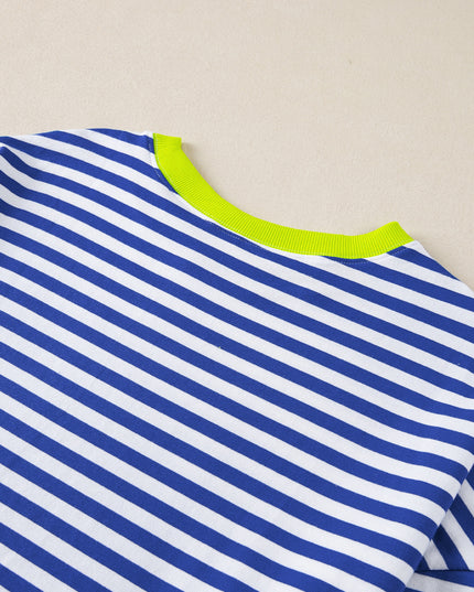 Blue Striped Contrast Trim Drop Shoulder Sweatshirt