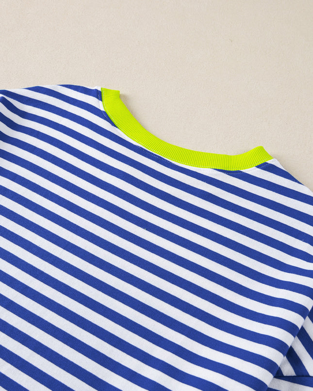 Blue Striped Contrast Trim Drop Shoulder Sweatshirt