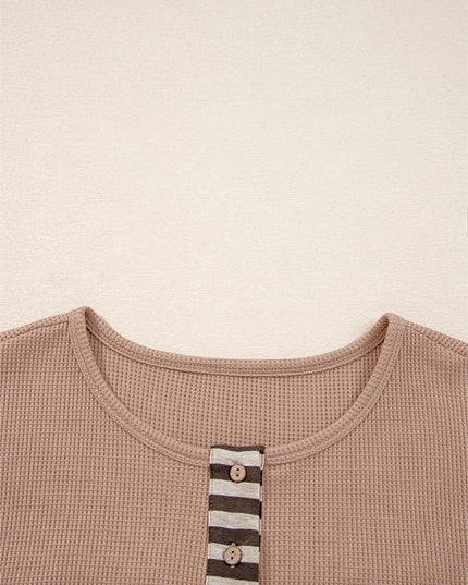 Straw Yellow Waffle Stripe Plaid Patchwork Henley Top